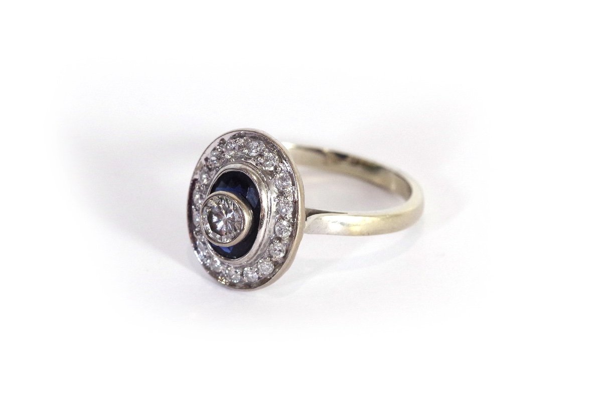 Art Deco Style Diamond Sapphire Ring In 18 Karat White Gold, 1970, Vintage Ring-photo-4