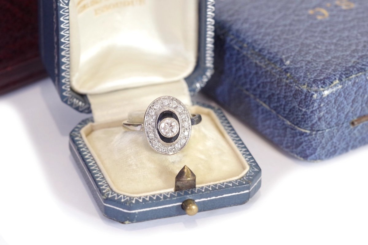 Art Deco Style Diamond Sapphire Ring In 18 Karat White Gold, 1970, Vintage Ring-photo-2