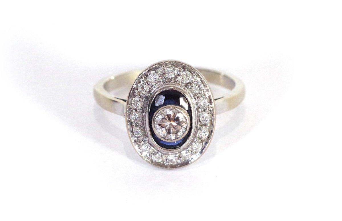 Art Deco Style Diamond Sapphire Ring In 18 Karat White Gold, 1970, Vintage Ring