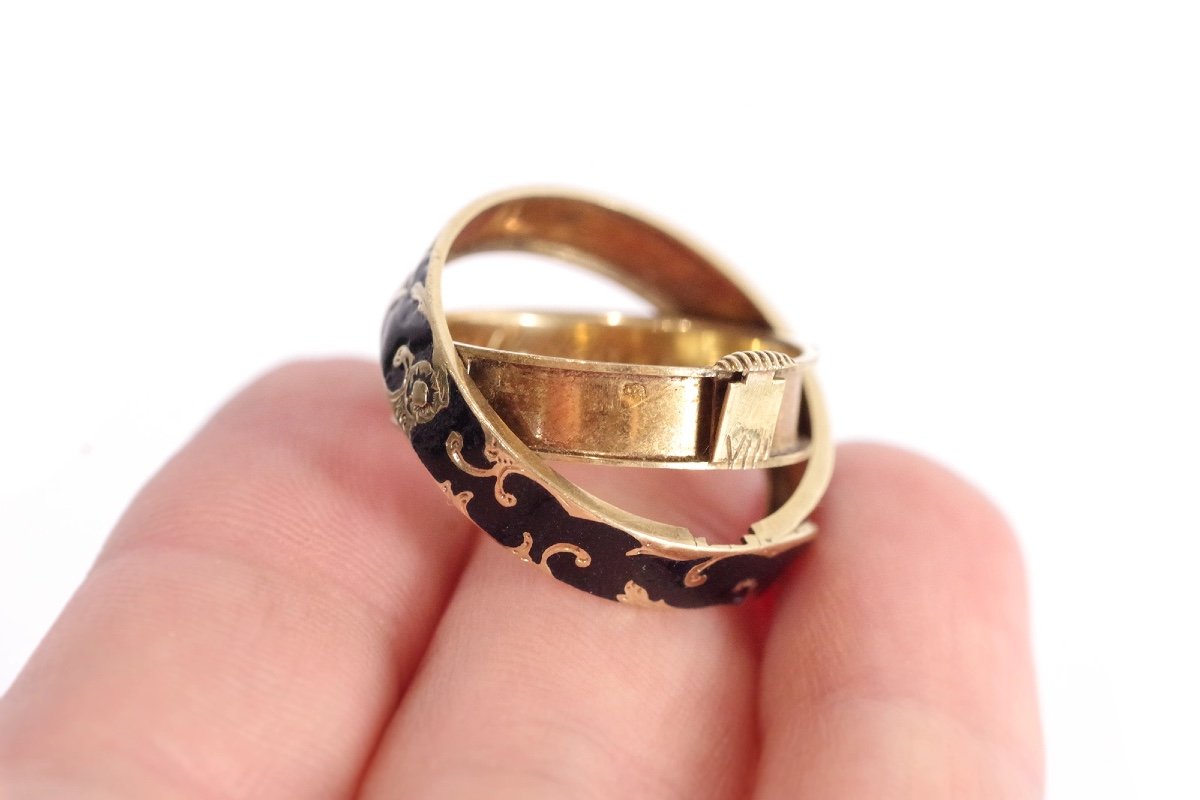 Mourning Enamel Secret Belt Ring In 14k Gold, Opening Ring, Black Enamel Ring, Mourning Ring-photo-3