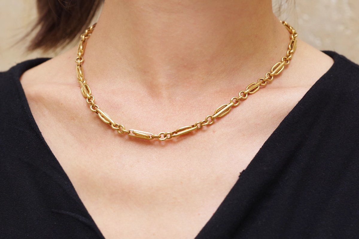 Vintage Gold Chain Necklace In 18k Gold, Double Thick, Oval Links, Big Meshes, Vintage Necklace-photo-3