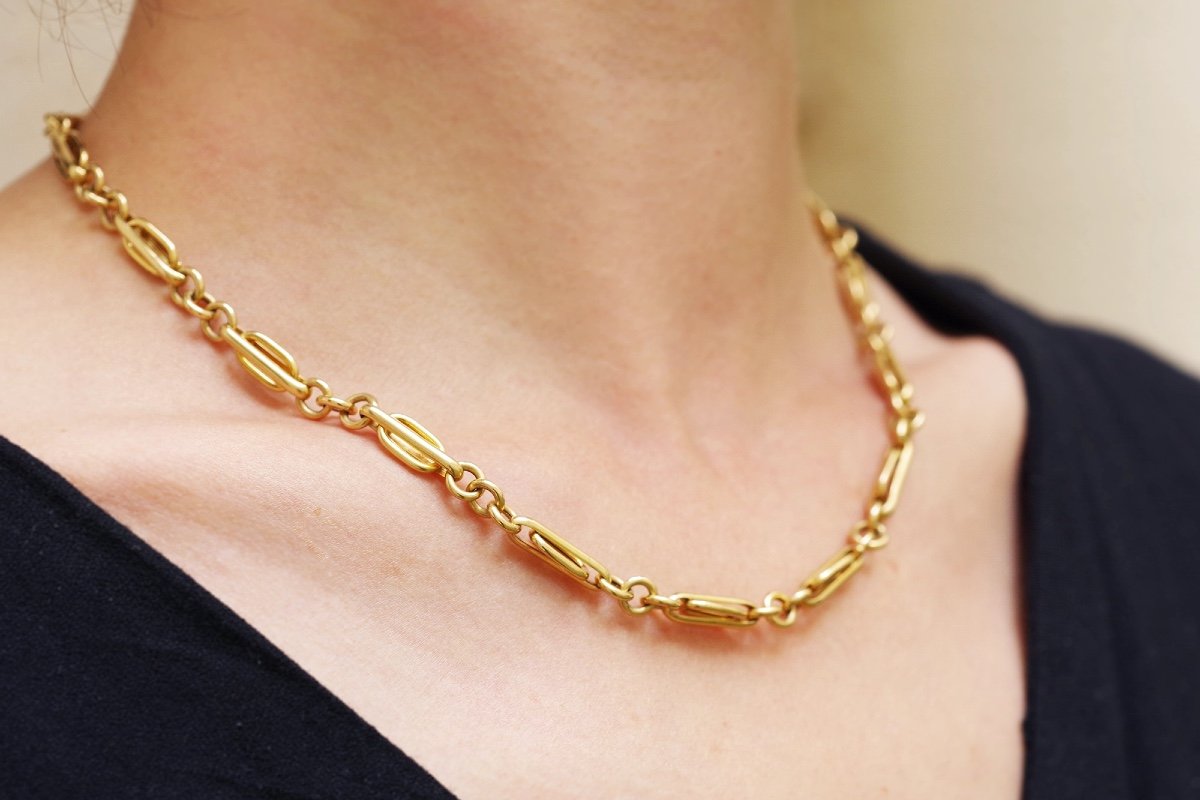 Vintage Gold Chain Necklace In 18k Gold, Double Thick, Oval Links, Big Meshes, Vintage Necklace-photo-4