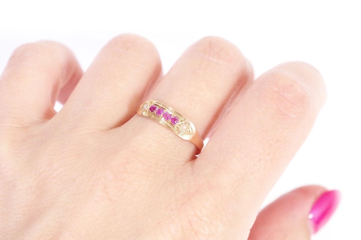 Bague Bandeau Rubis En Or Rose 18k, Bague Ancienne Bandeau, Rubis Naturel, Bijou Ancien Paris-photo-2