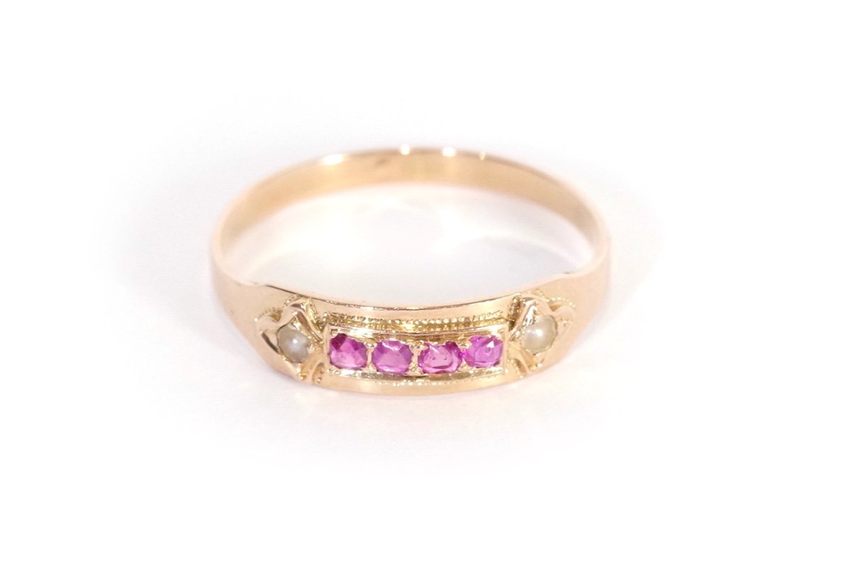 Victorian Ruby Ring In 18k Rose Gold, Band Ring, Antique Ring, Half Pearl, Antique Jewelry