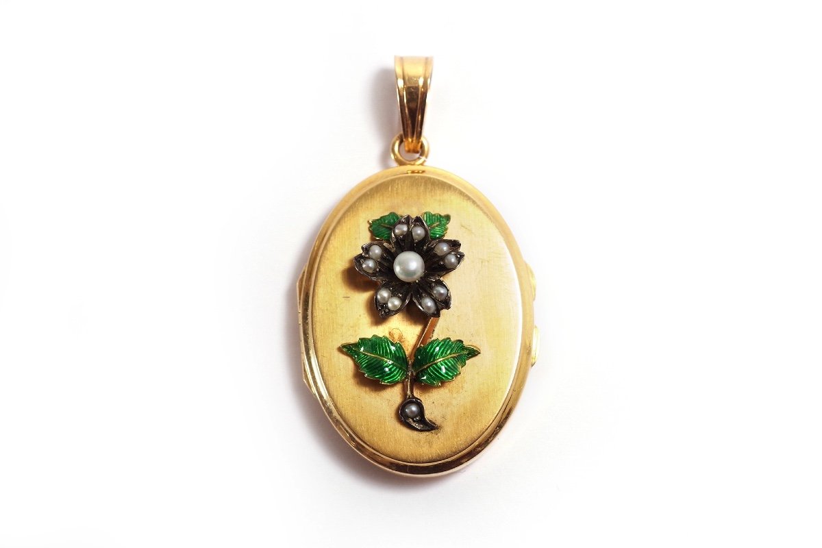 Victorian Flower Locket Pendant, Rose Gold 18k, Enamel Gold, Natural Pearl-photo-4