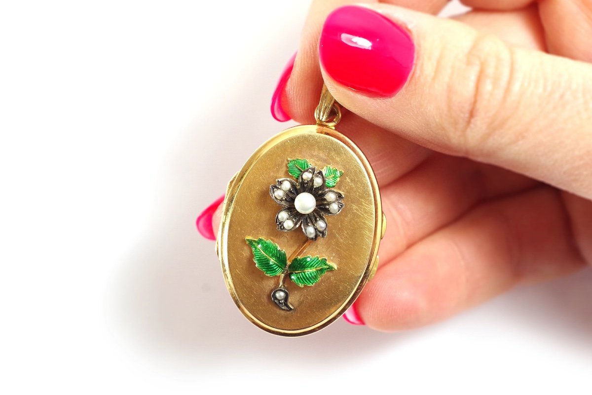 Victorian Flower Locket Pendant, Rose Gold 18k, Enamel Gold, Natural Pearl-photo-2