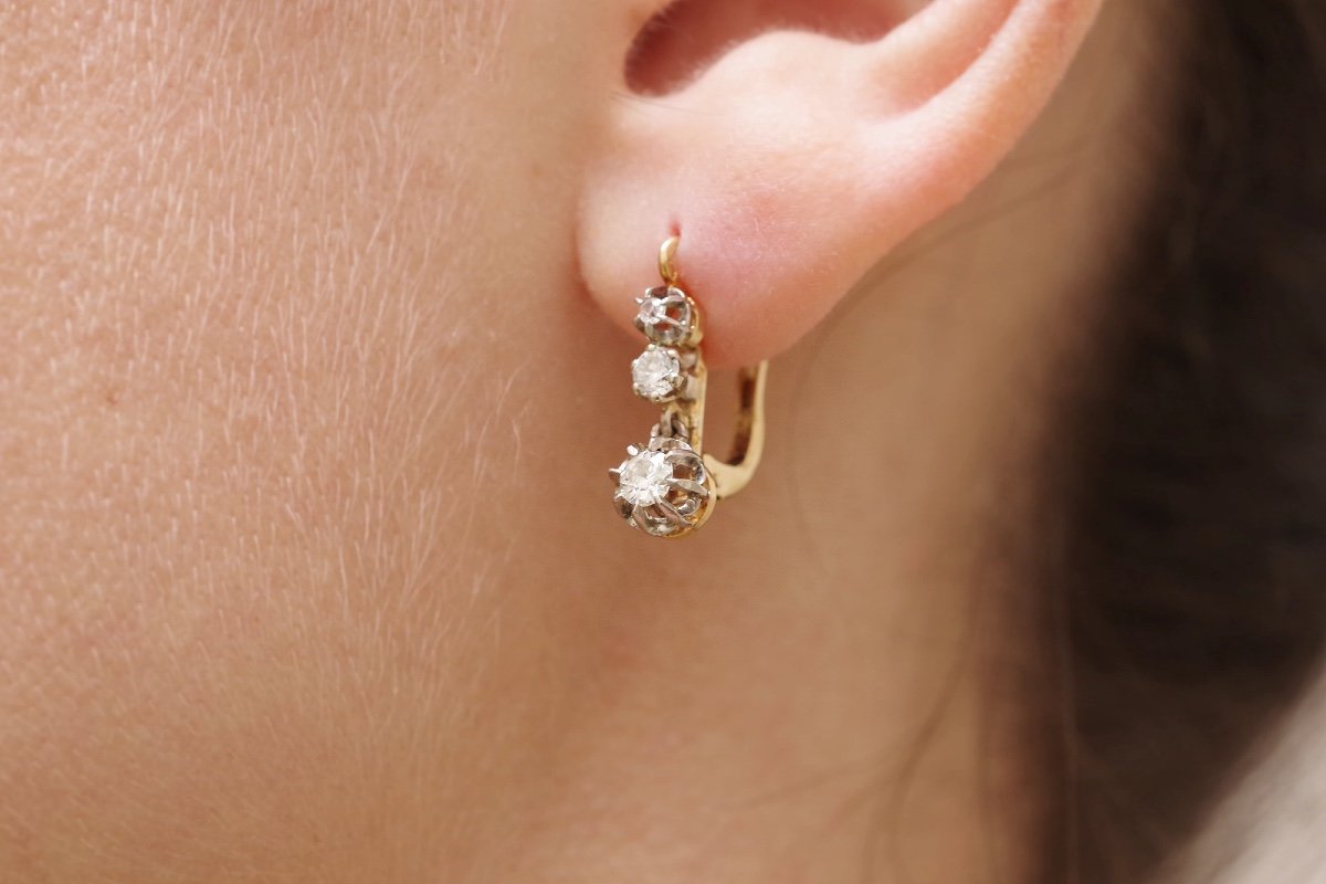 Dormeuses Trois Diamants En Or 18k, Boucles d'Oreille Anciennes, Dormeuses Diamants 0,41 Ct-photo-2