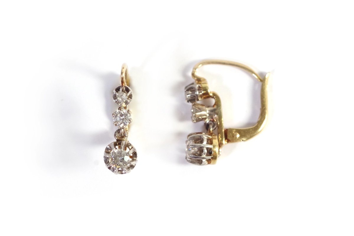 Dormeuses Trois Diamants En Or 18k, Boucles d'Oreille Anciennes, Dormeuses Diamants 0,41 Ct-photo-3