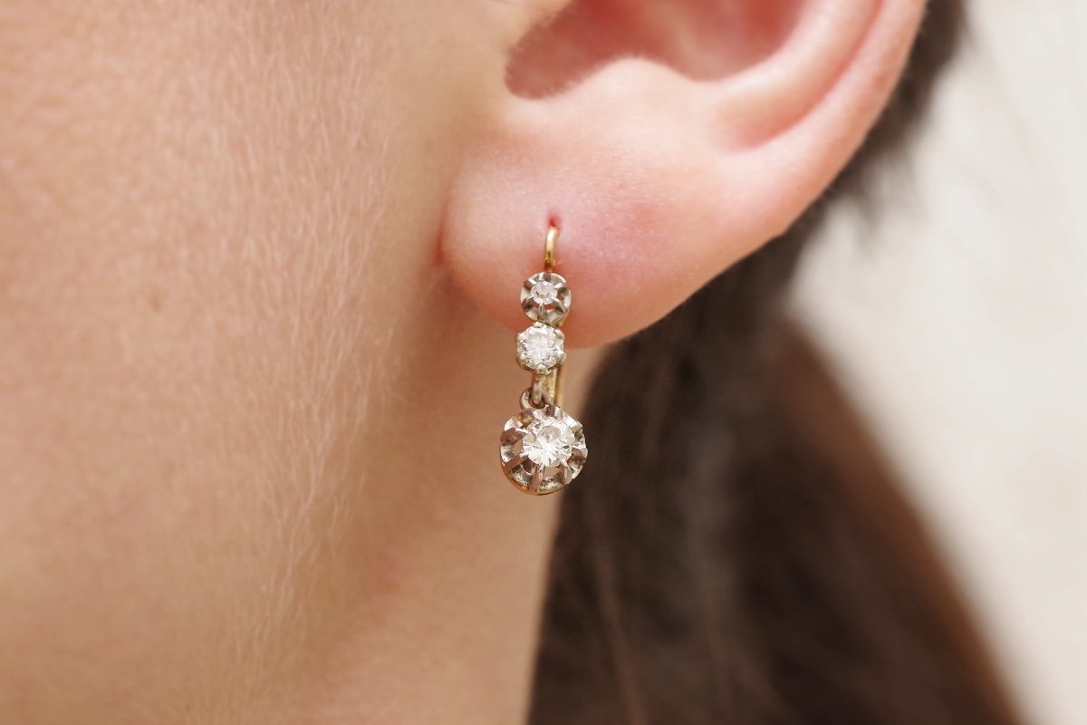 Dormeuses Trois Diamants En Or 18k, Boucles d'Oreille Anciennes, Dormeuses Diamants 0,41 Ct-photo-4