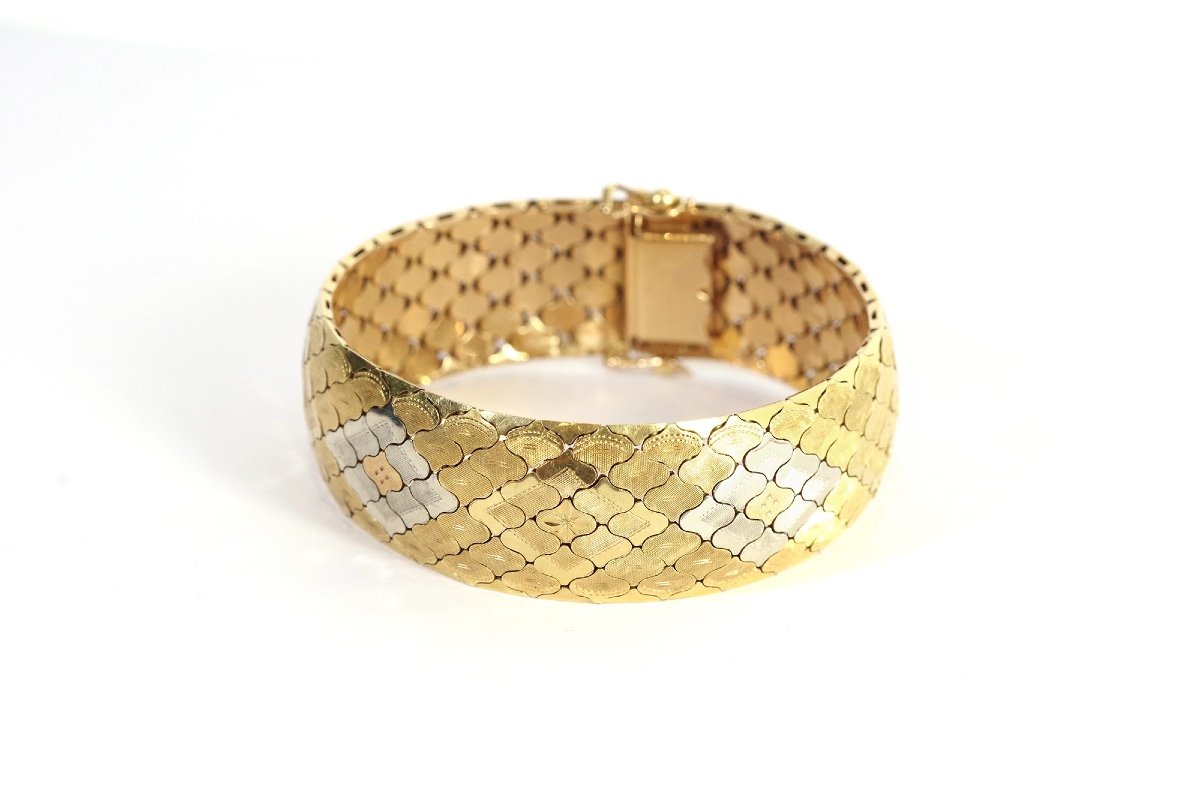 Bracelet Bandeau Retro En Or 18k, Large Bracelet, Maille Articulée, Bracelet Vintage En Or-photo-4