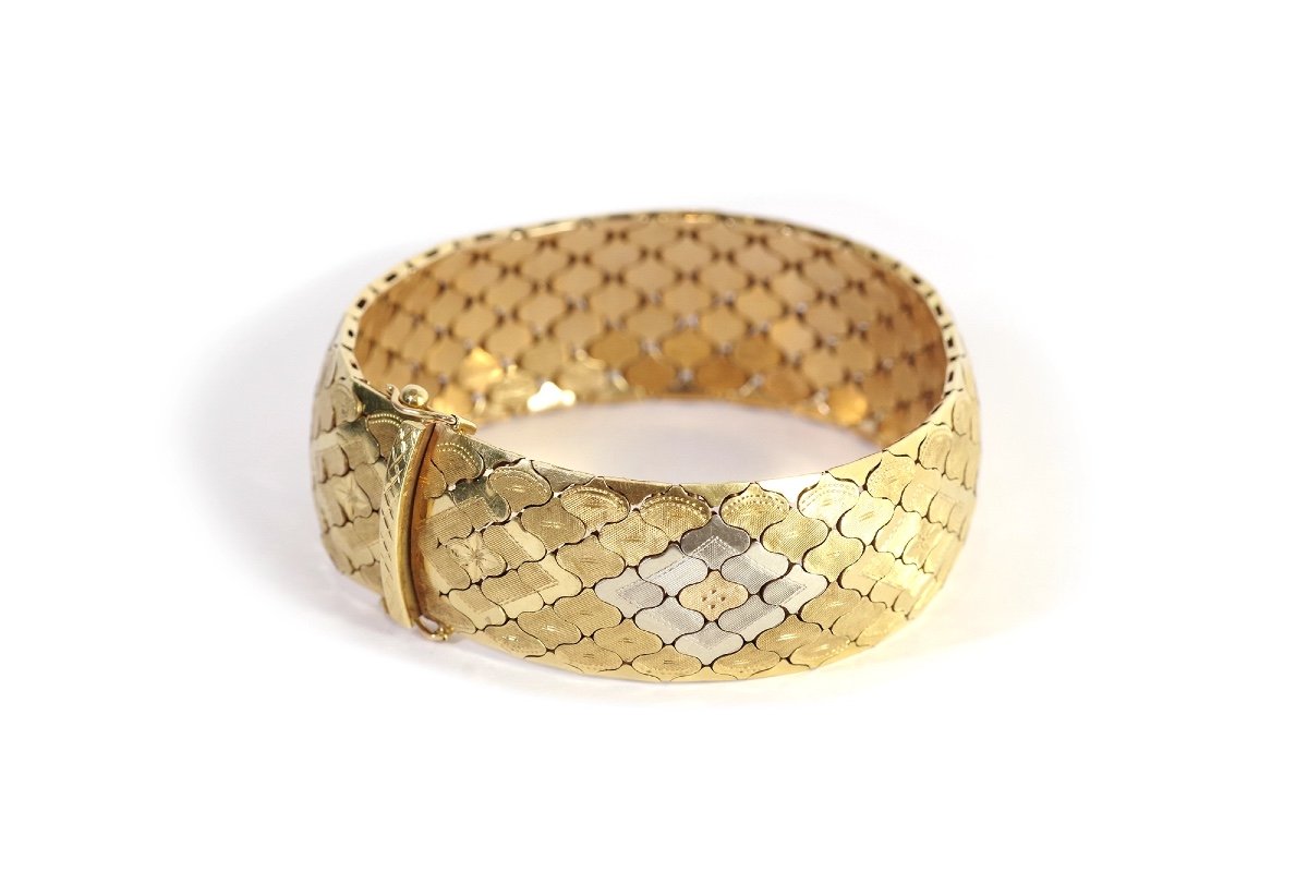 Bracelet Bandeau Retro En Or 18k, Large Bracelet, Maille Articulée, Bracelet Vintage En Or