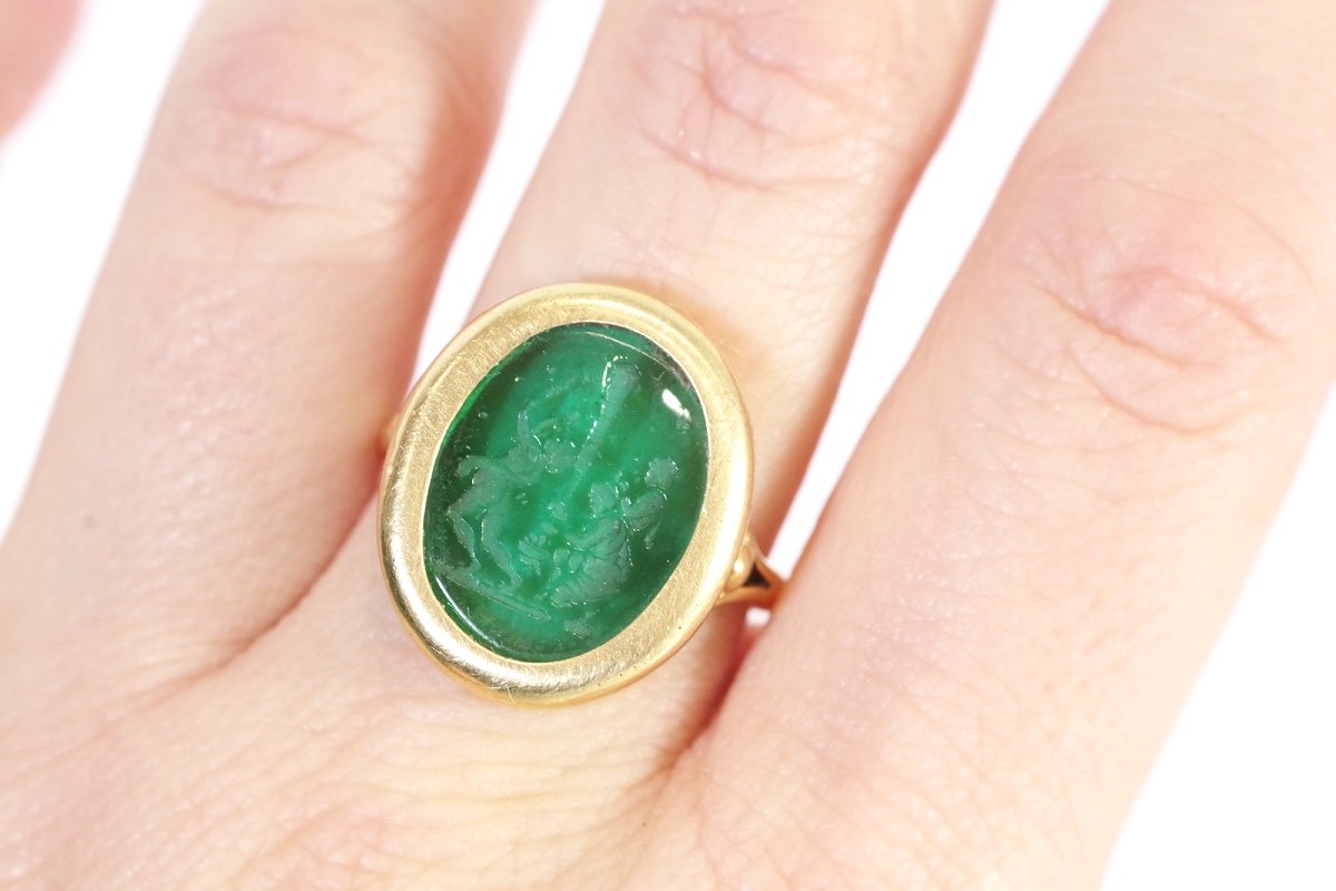 Antique Green Intaglio Ring In 18k Gold, Victorian Ring, Green Intaglio, Glass, Antique Jewel-photo-1