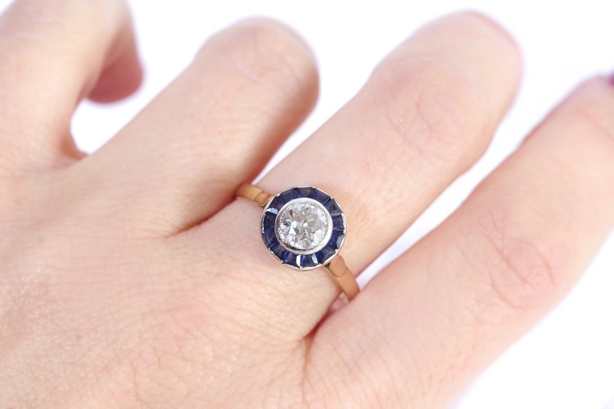 Art Deco Solitaire And Sapphire Ring In 18k Gold And Platinum, Target Ring, Round Ring-photo-4