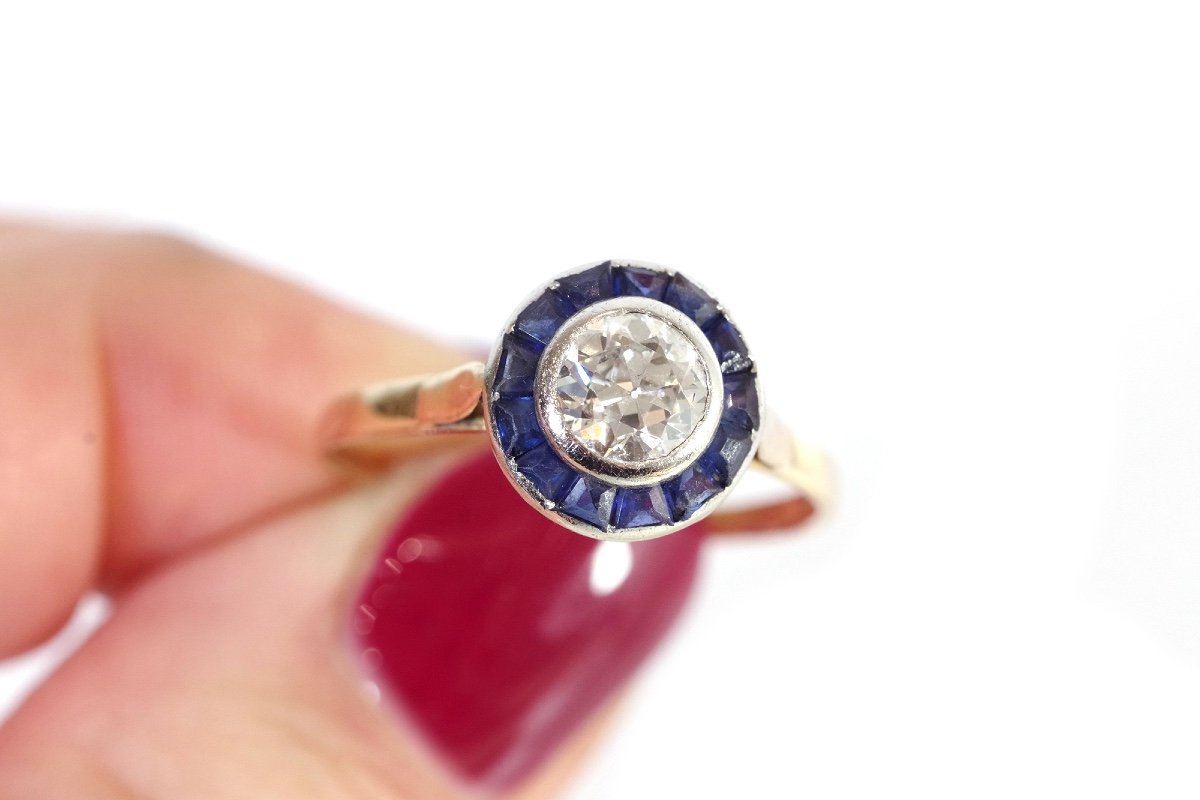 Art Deco Solitaire And Sapphire Ring In 18k Gold And Platinum, Target Ring, Round Ring-photo-2