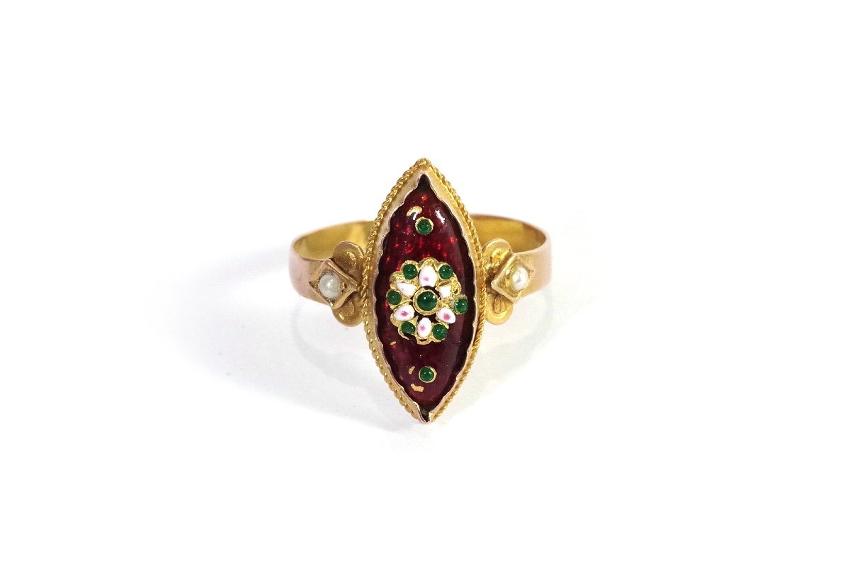 Navette Bressan Enamel Ring In 18k Gold, Antique Enamel Ring, French Regional Ring, Navette-photo-4