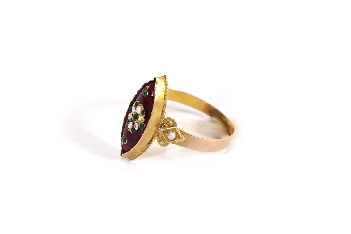 Navette Bressan Enamel Ring In 18k Gold, Antique Enamel Ring, French Regional Ring, Navette-photo-1