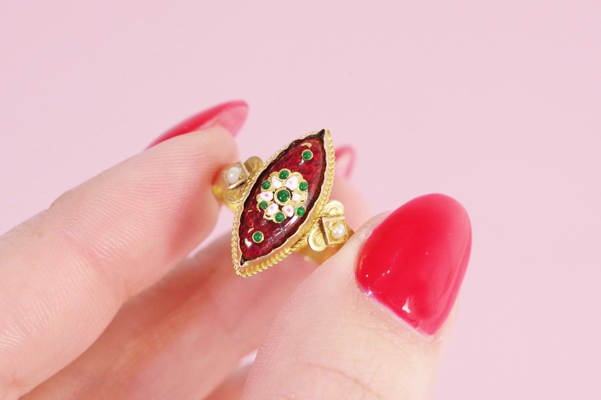 Navette Bressan Enamel Ring In 18k Gold, Antique Enamel Ring, French Regional Ring, Navette-photo-2