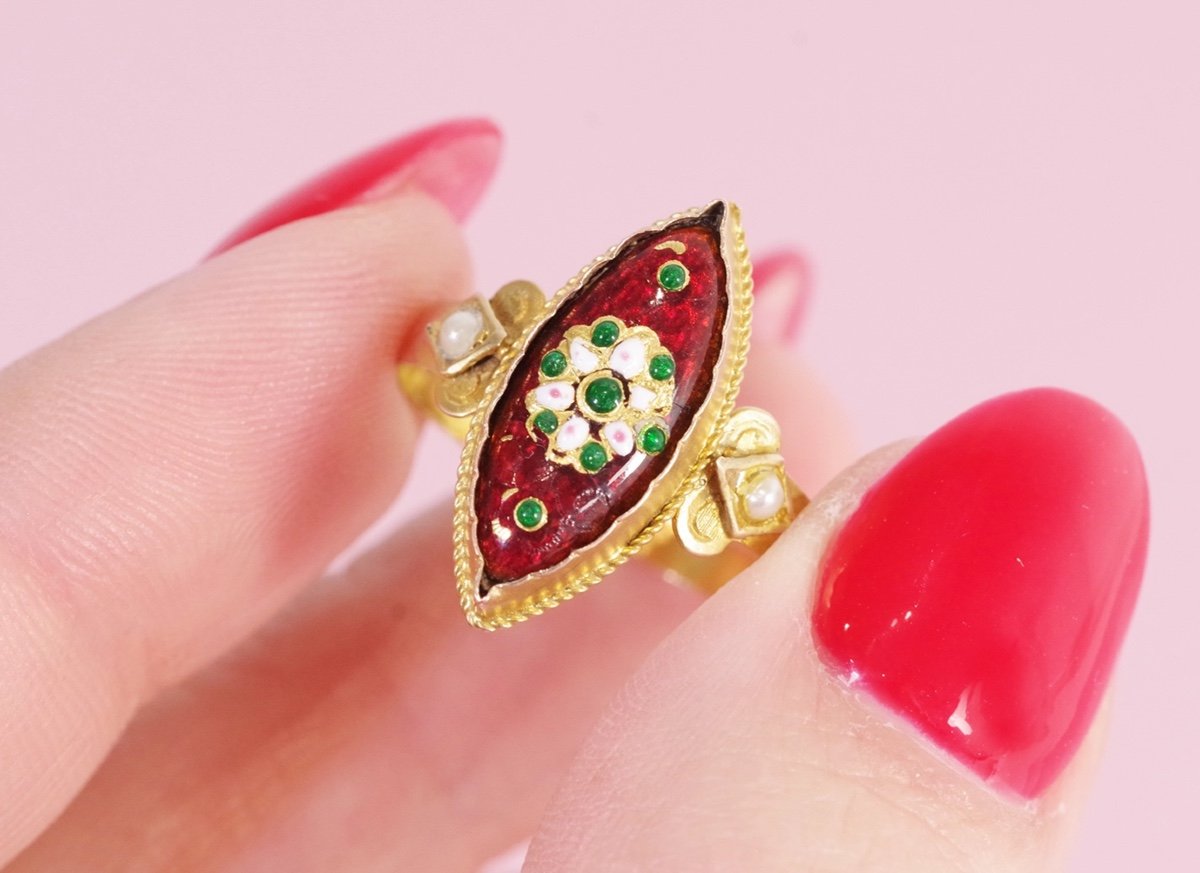 Navette Bressan Enamel Ring In 18k Gold, Antique Enamel Ring, French Regional Ring, Navette