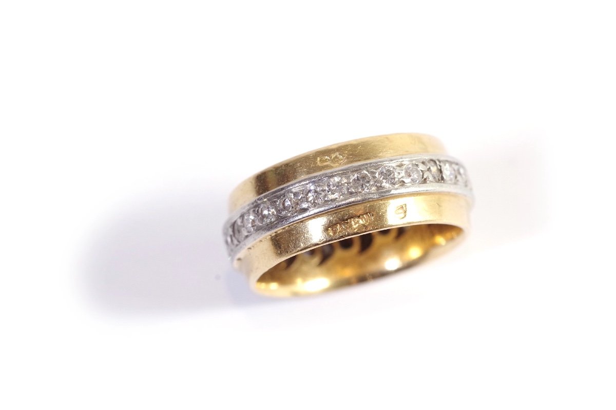 Mid-century Diamond Band Ring In 18k Yellow Gold And Platinum, Signed Ring, Favrin, Modernist-photo-3