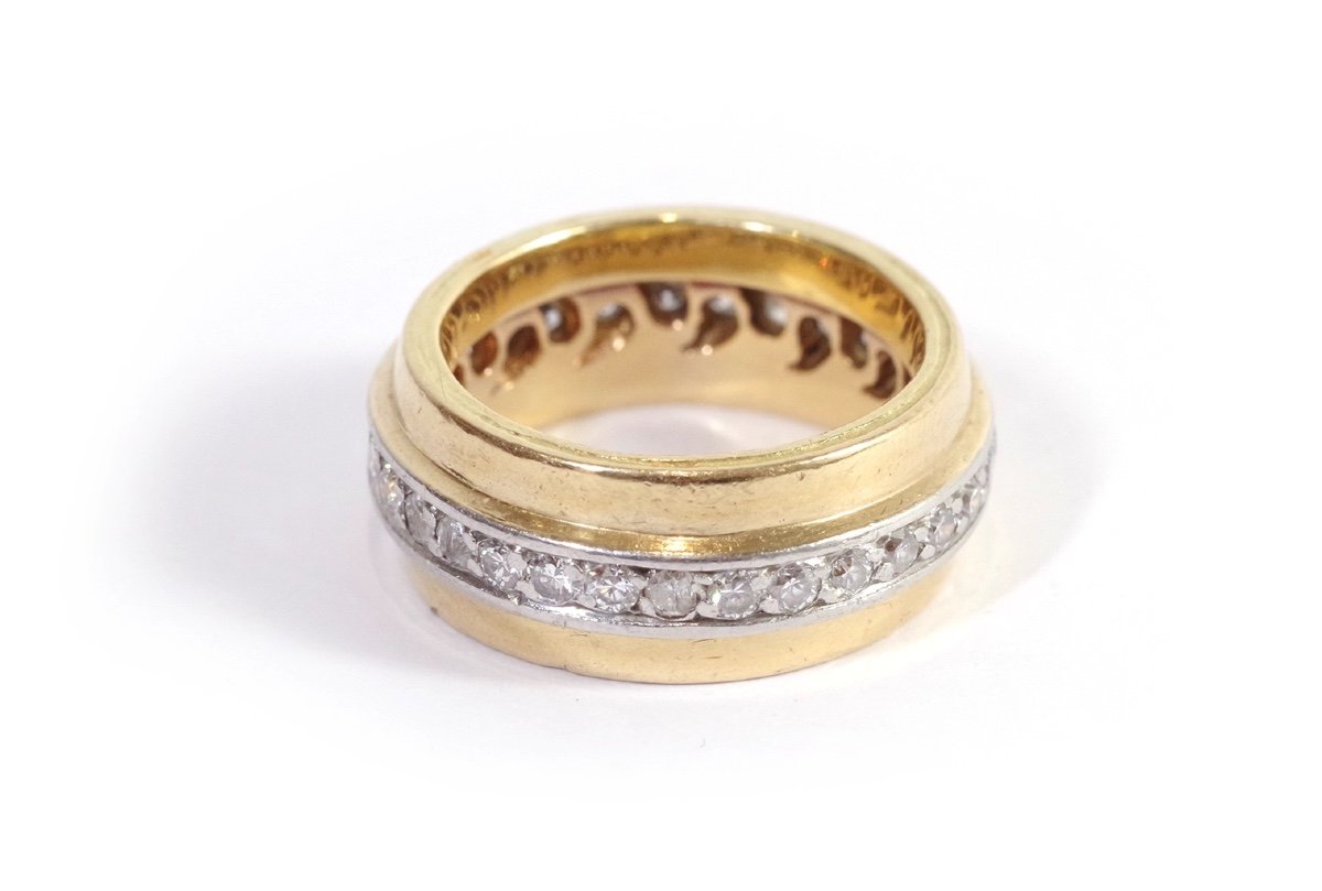 Mid-century Diamond Band Ring In 18k Yellow Gold And Platinum, Signed Ring, Favrin, Modernist