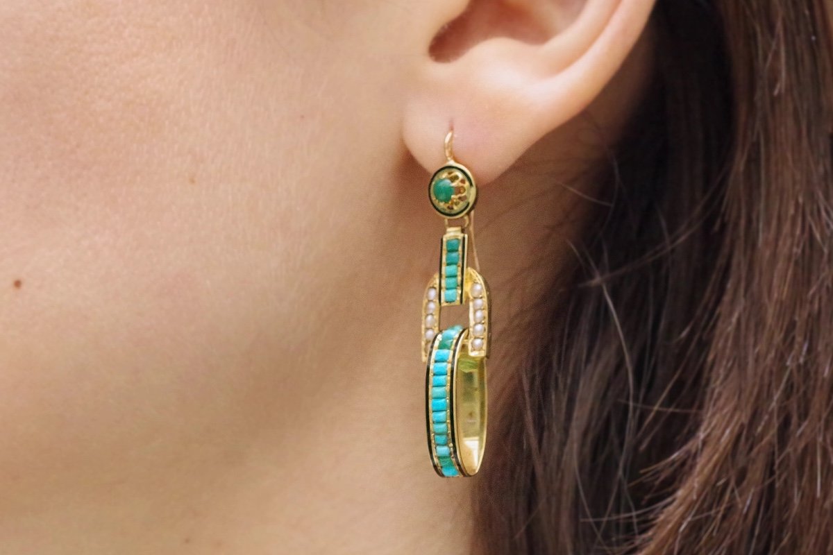 Victorian Turquoise Long Earrings In 18k Gold, Long Dangle Earrings, Cabochon Cut Turquoise-photo-2