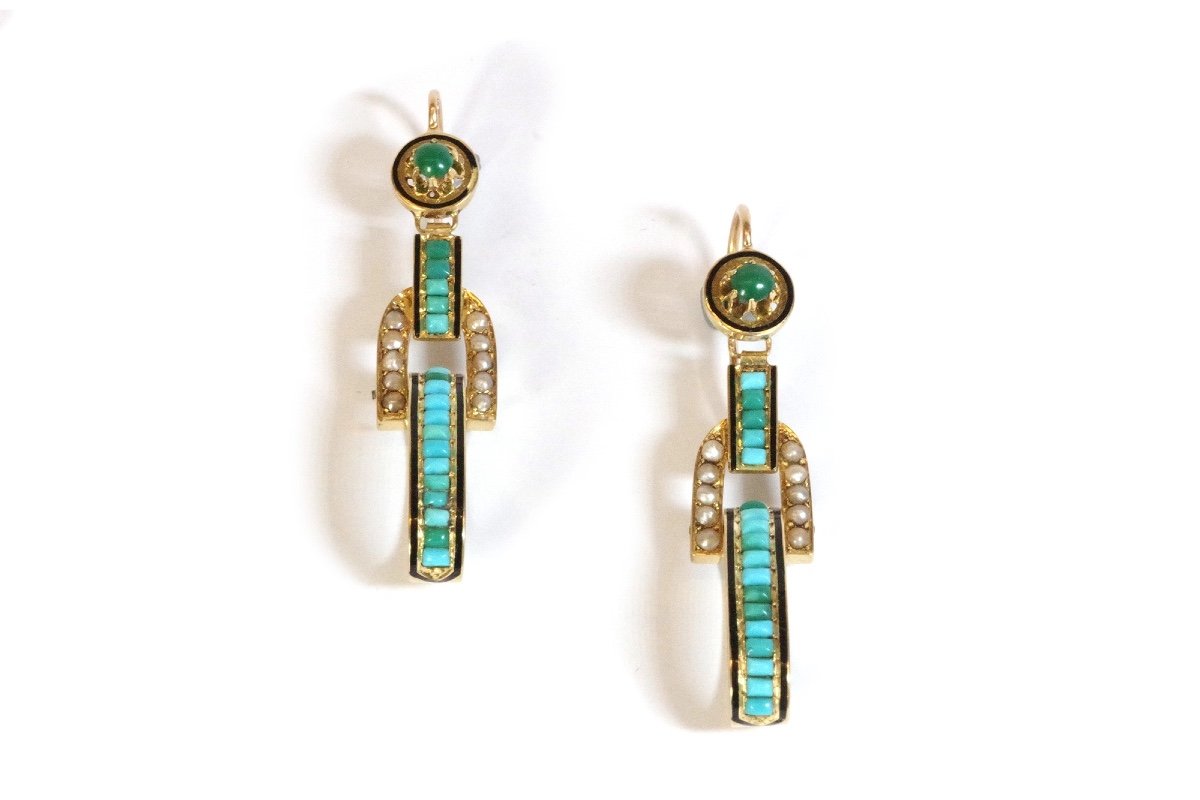 Victorian Turquoise Long Earrings In 18k Gold, Long Dangle Earrings, Cabochon Cut Turquoise