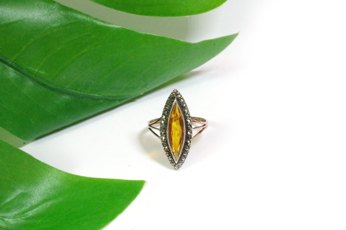 Bague Marquise Ancienne En Or 18k Et Argent, Verre Jaune, Marcassite, Bague Ancienne, Navette-photo-2