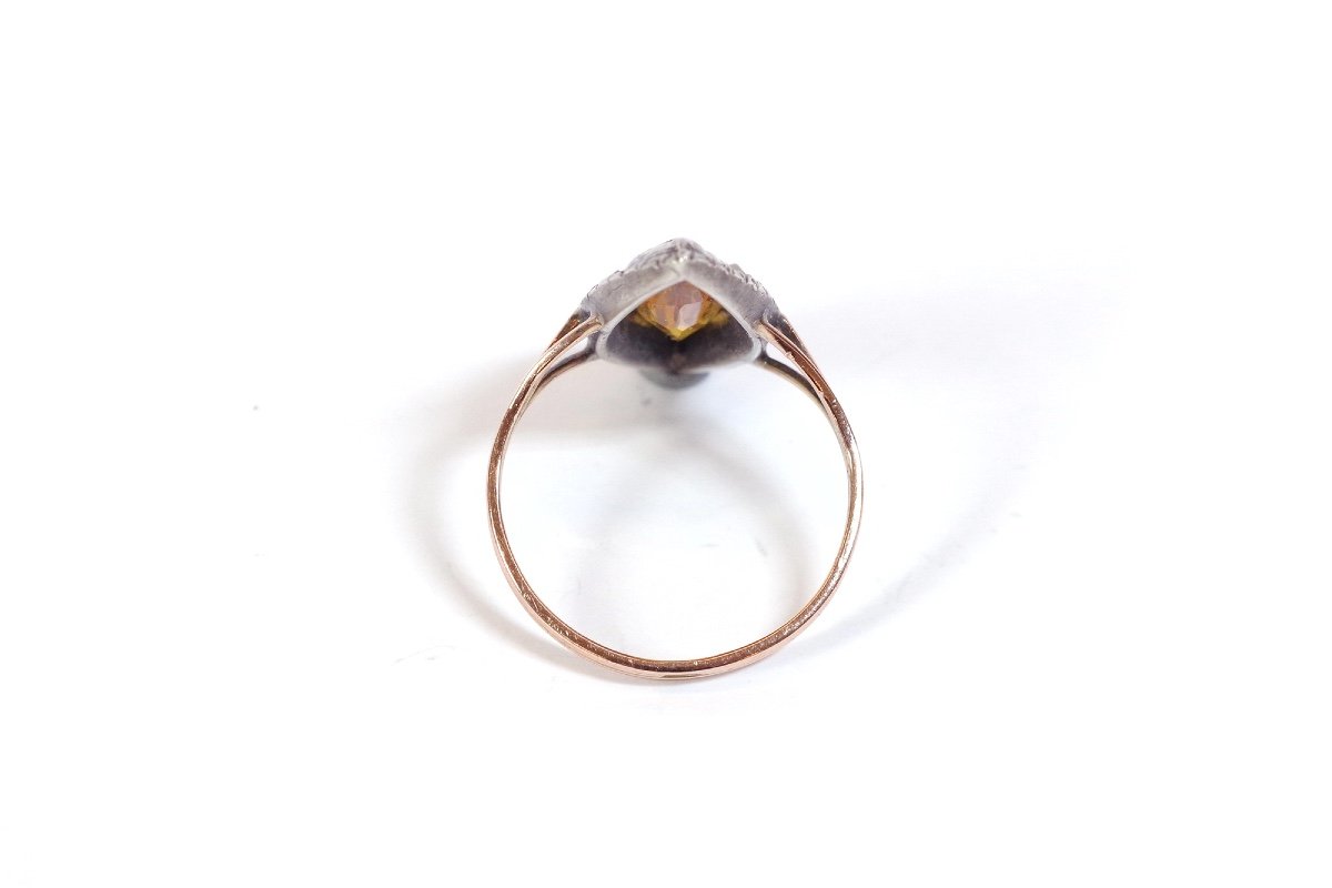 Bague Marquise Ancienne En Or 18k Et Argent, Verre Jaune, Marcassite, Bague Ancienne, Navette-photo-1