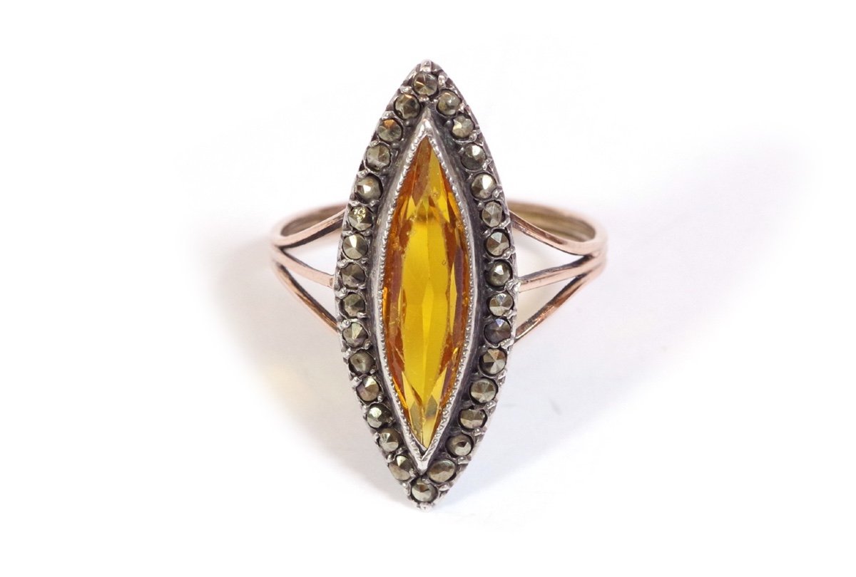 Bague Marquise Ancienne En Or 18k Et Argent, Verre Jaune, Marcassite, Bague Ancienne, Navette