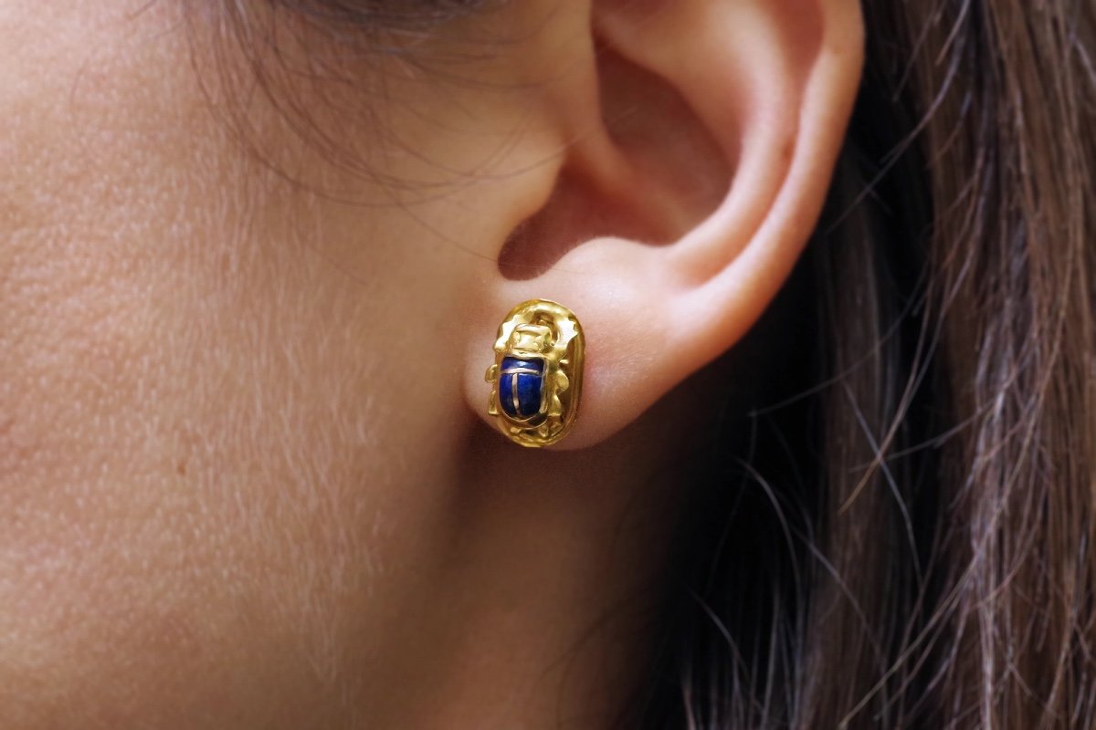 Egyptian Scarab Ear Stud In 18k Gold, Lapis Lazuli Earrings, Egyptian Jewelry, Vintage Jewelry-photo-2