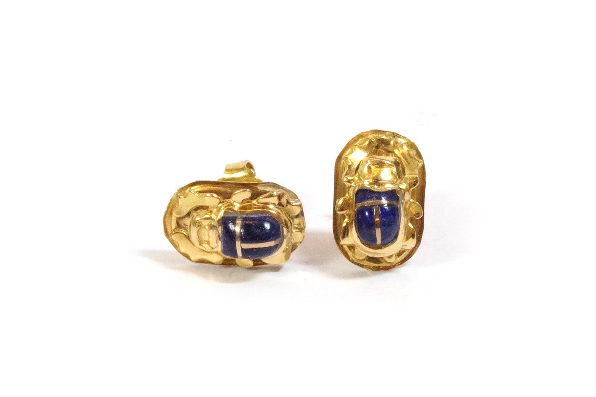 Egyptian Scarab Ear Stud In 18k Gold, Lapis Lazuli Earrings, Egyptian Jewelry, Vintage Jewelry