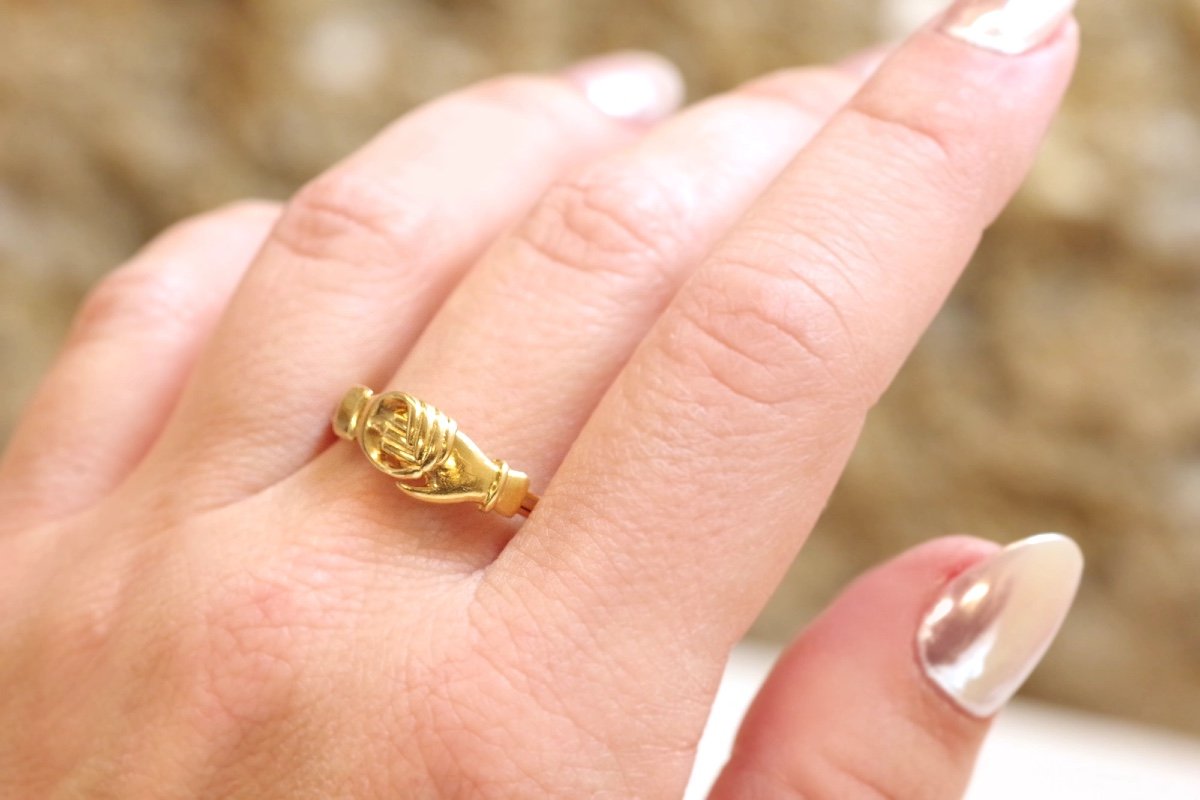 French Faith Or Fede Ring In 18 Karat Gold, Sentimental Ring, Heart, Hands, Shaking Hands-photo-4