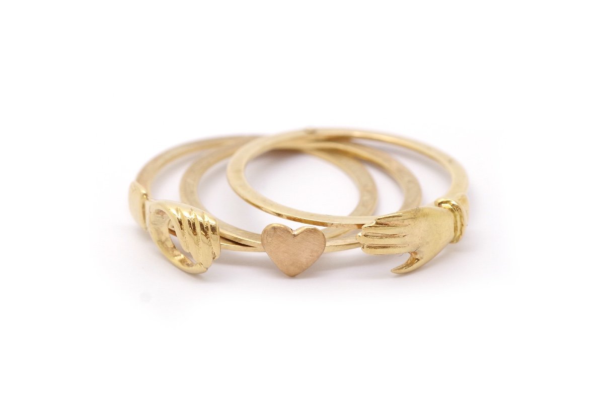 French Faith Or Fede Ring In 18 Karat Gold, Sentimental Ring, Heart, Hands, Shaking Hands