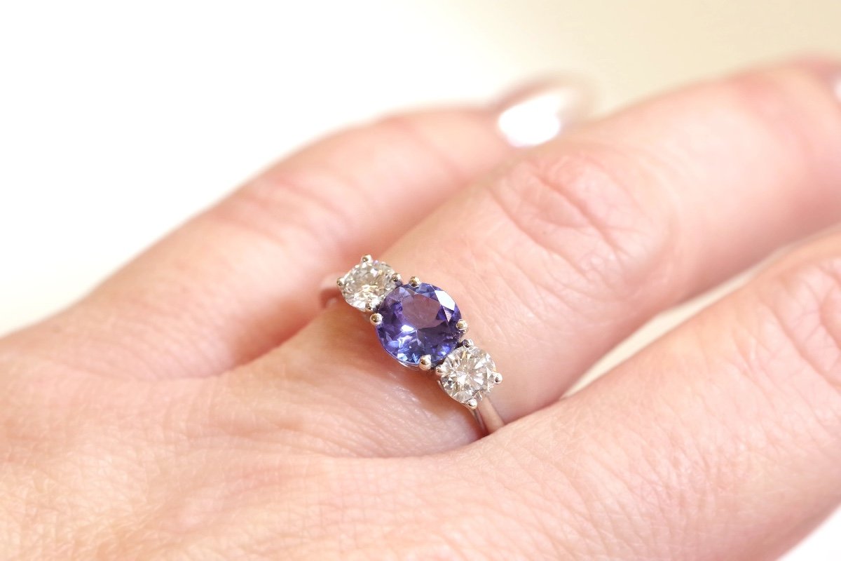 Bague Trilogie Tanzanite Diamants En Or Blanc 18k, Bague Message Secret, Bague Vintage-photo-4