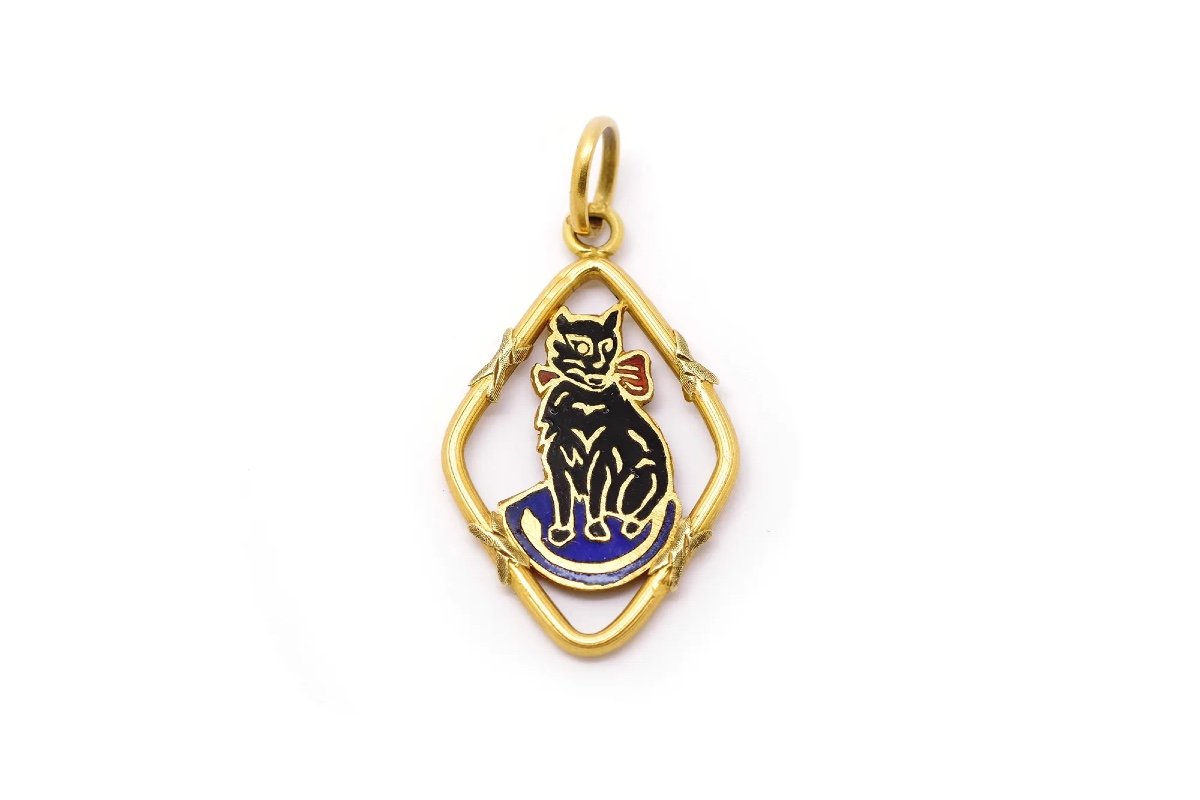 Lucky Black Cat Pendant In 18 Karat Gold, Enamel Pendant, Black Enamel, Edwardian Charm Pendant-photo-2