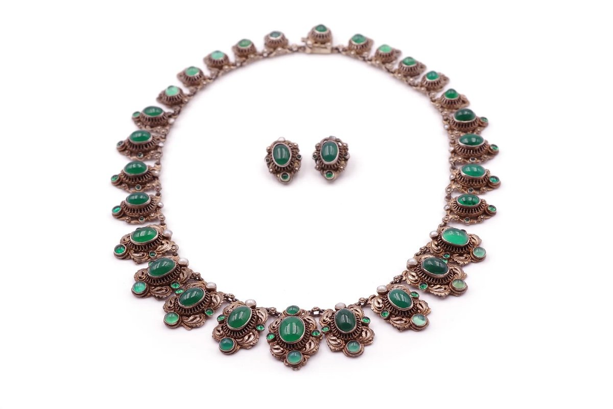 Demi-parure De Théâtre Austro-hongroise En Argent Doré, Collier Ancien, Chrysoprases-photo-2