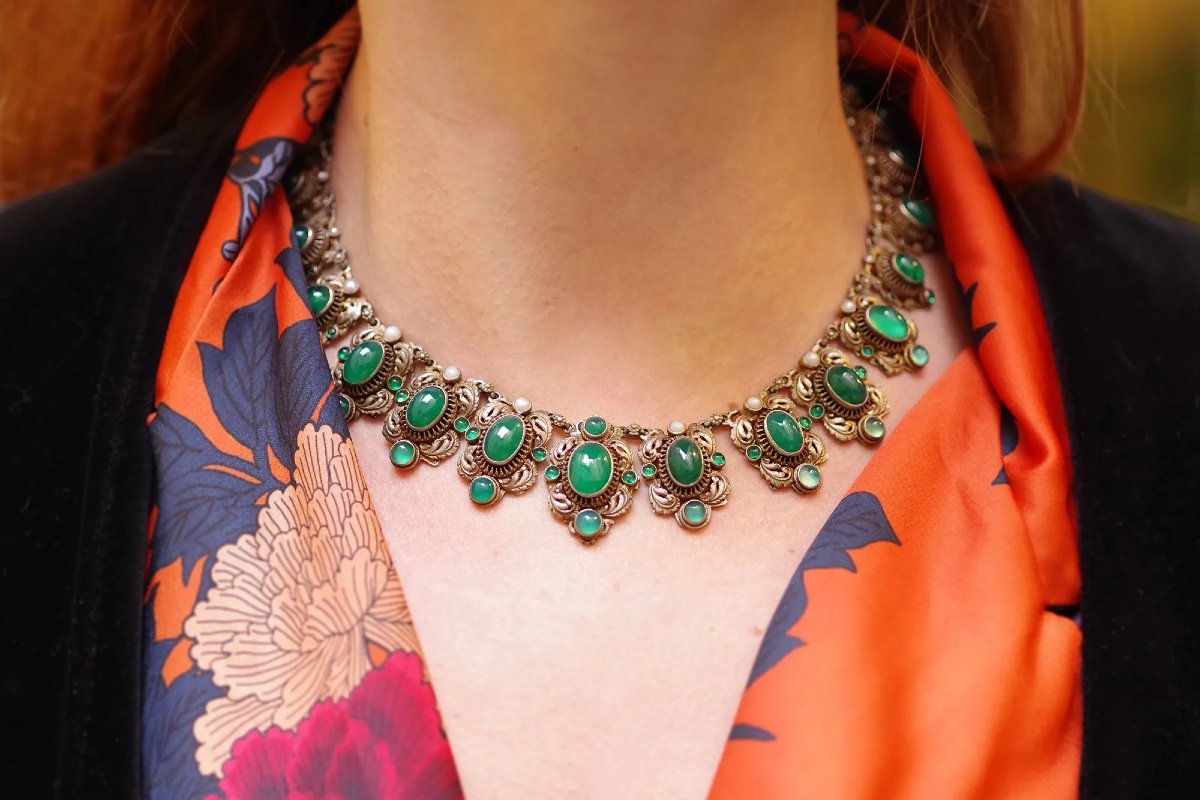 Demi-parure De Théâtre Austro-hongroise En Argent Doré, Collier Ancien, Chrysoprases-photo-1