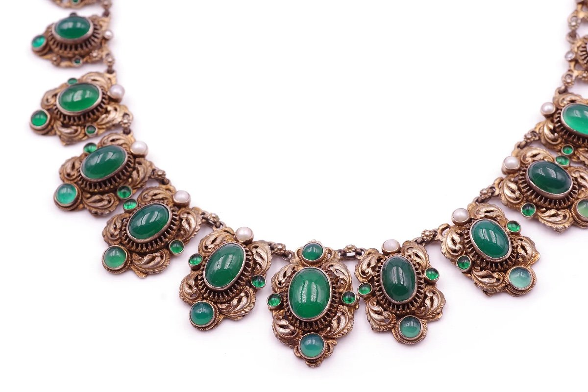 Demi-parure De Théâtre Austro-hongroise En Argent Doré, Collier Ancien, Chrysoprases-photo-3