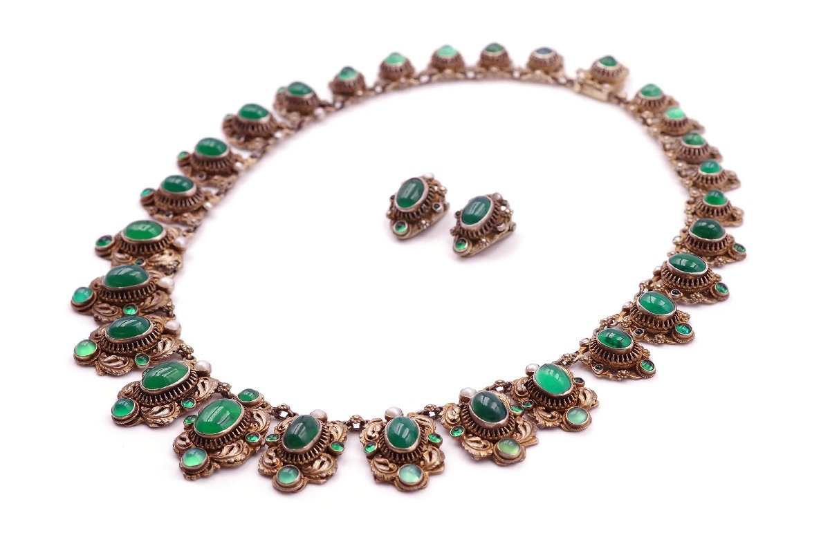 Demi-parure De Théâtre Austro-hongroise En Argent Doré, Collier Ancien, Chrysoprases