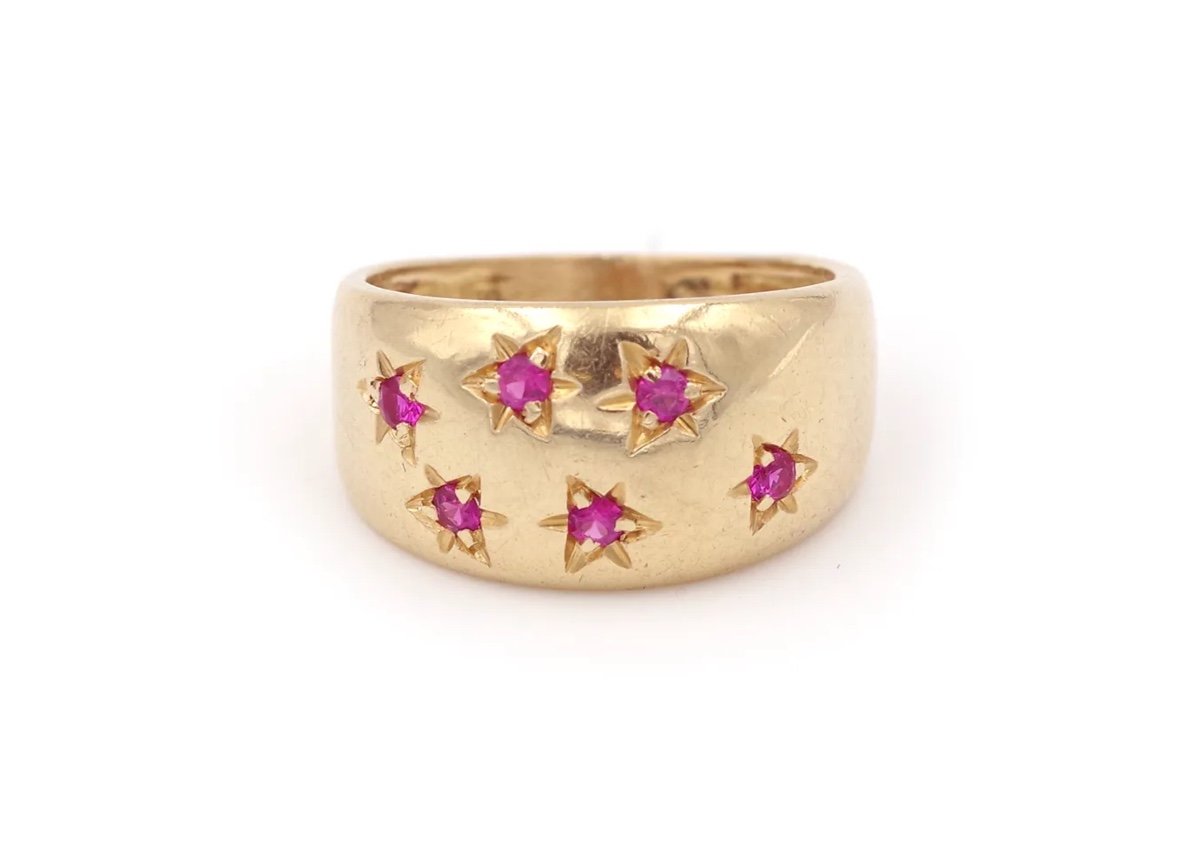 Ruby Constellation Band Ring In 18k Gold, Mid-century Band Ring, Star Setting, Synthetic Rubies