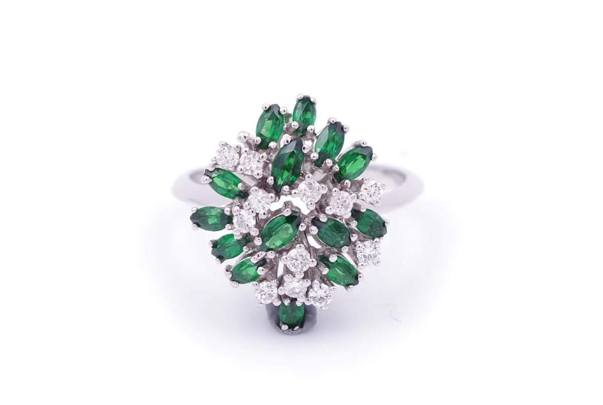 Green Tourmaline Diamond Ring In 14k White Gold, Cocktail Ring, Verdelite Ring