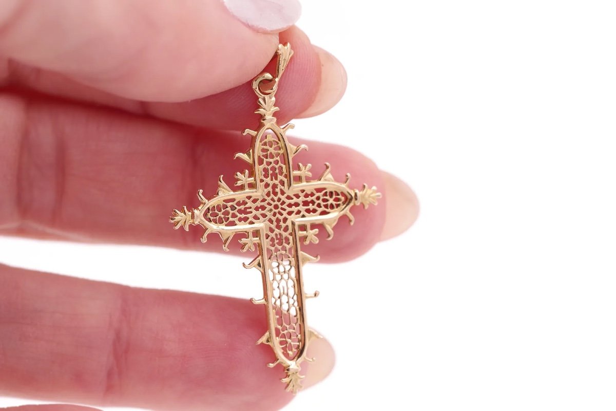 Estaing Bridge Cross Pendant By Becker In 18k Gold, Religious Pendant, Gold Cross Pendant-photo-4