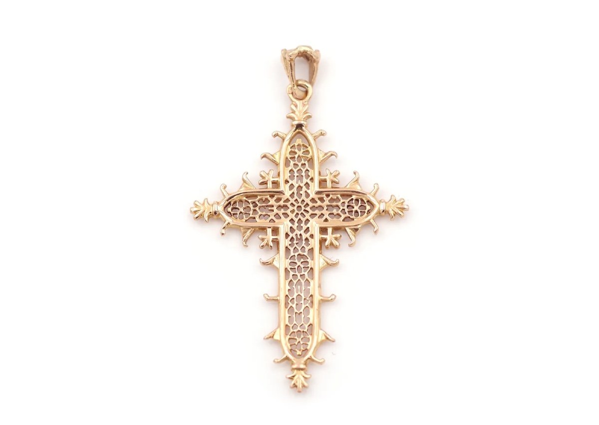 Estaing Bridge Cross Pendant By Becker In 18k Gold, Religious Pendant, Gold Cross Pendant