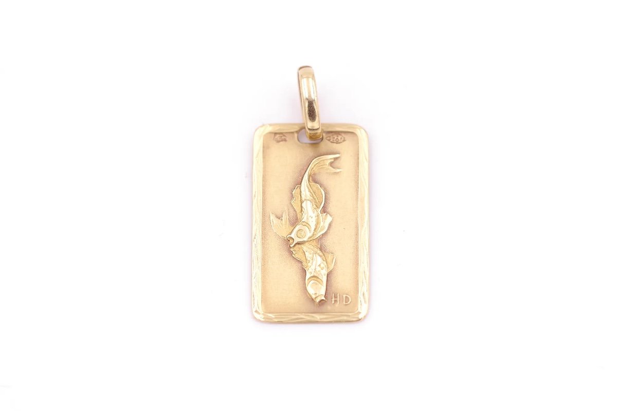 French Astrological Pisces Pendant In 18k Gold, Zodiacal Pendant, Gold Pendant, Astro Pisces