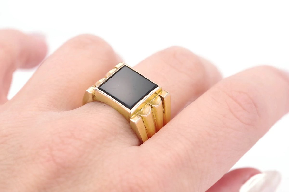 Onyx Signet Ring In 18k Yellow Gold, Retro Tank Ring For Men, Signet Ring, Black Onyx-photo-2