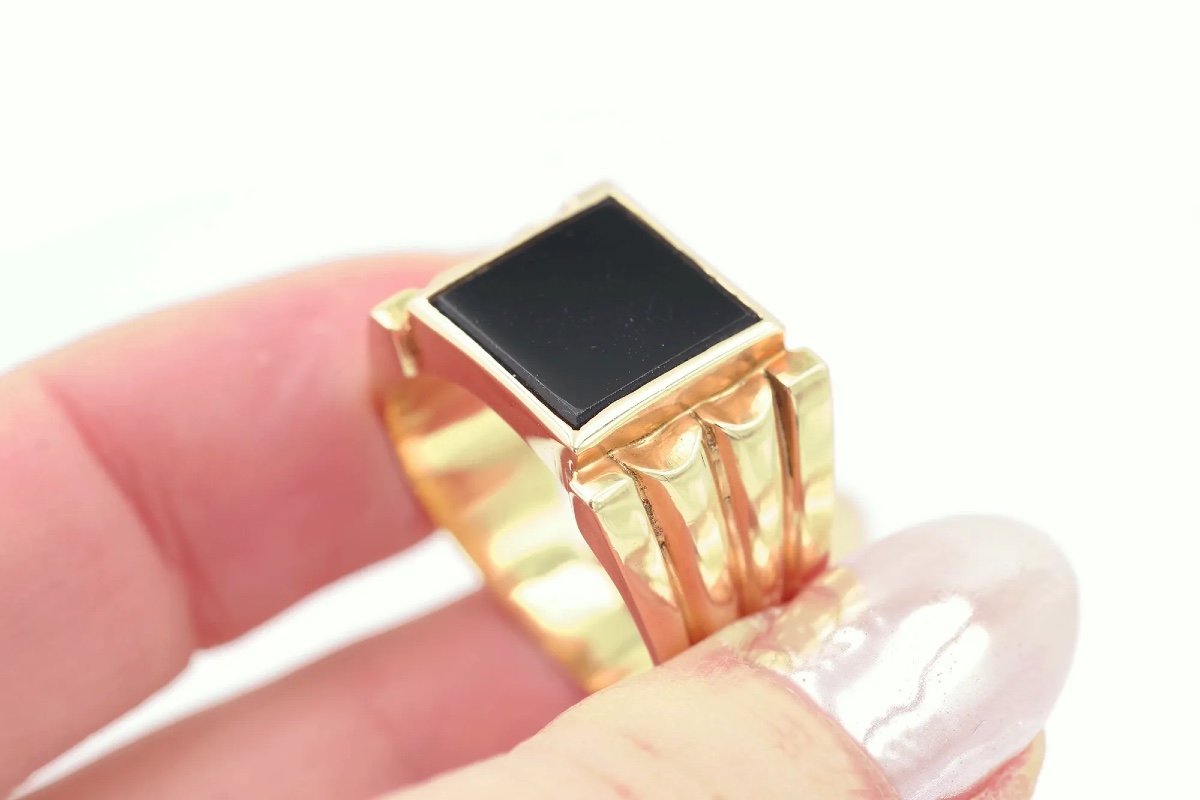 Onyx Signet Ring In 18k Yellow Gold, Retro Tank Ring For Men, Signet Ring, Black Onyx-photo-3