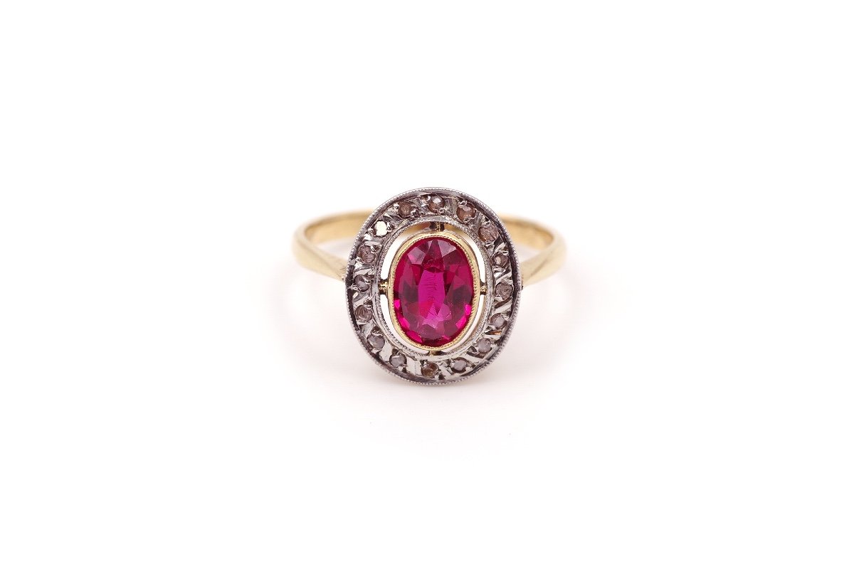 Bague Art Deco Rubis Diamants En Or Et Platine, Diamants Taille Rose, Mariage, Fiançailles