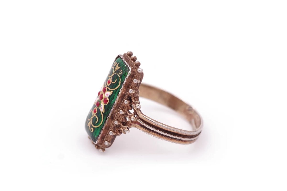 Victorian Bressan Enamel Ring In Gilded Silver, Rectangular Shape Ring, Green Enamel Ring-photo-2