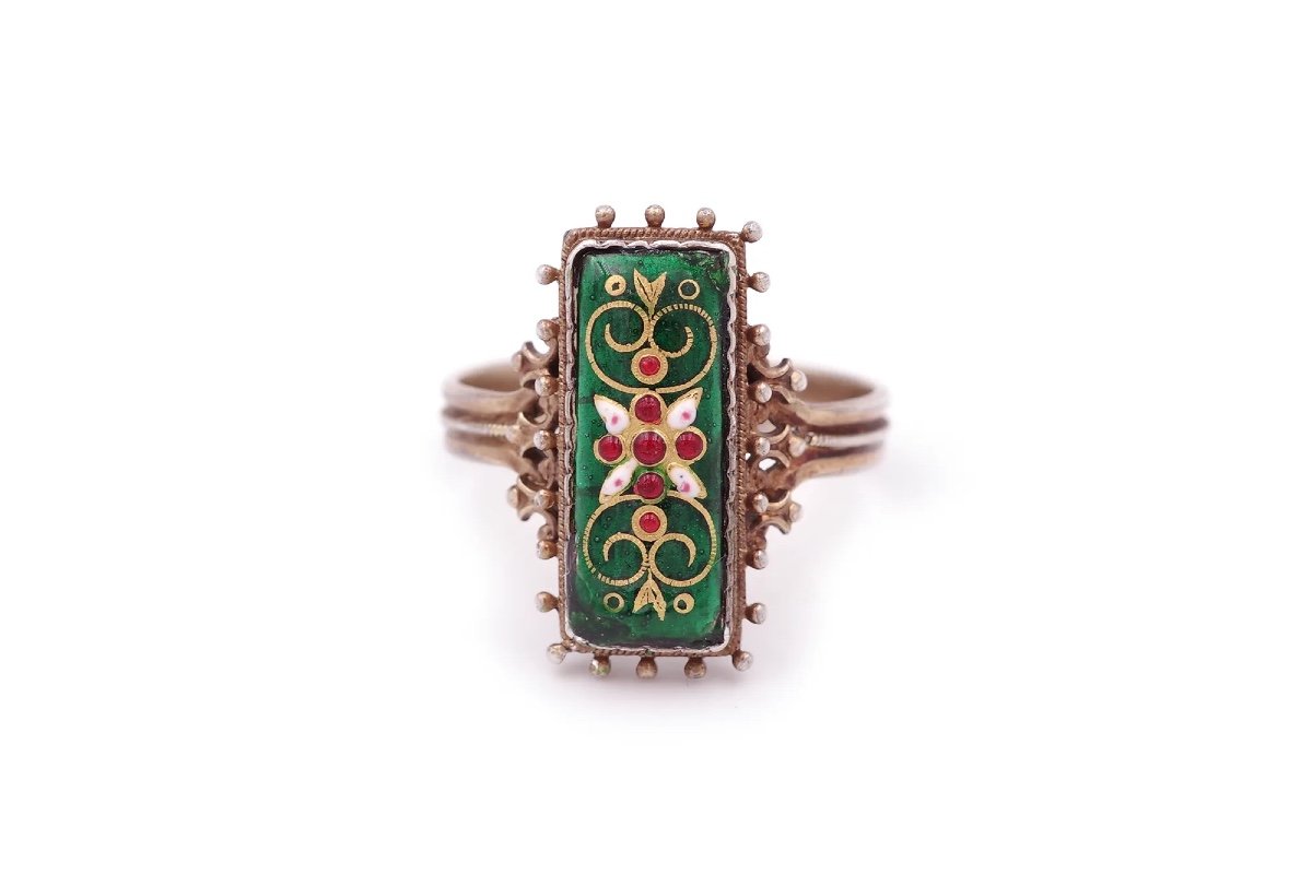 Victorian Bressan Enamel Ring In Gilded Silver, Rectangular Shape Ring, Green Enamel Ring-photo-3