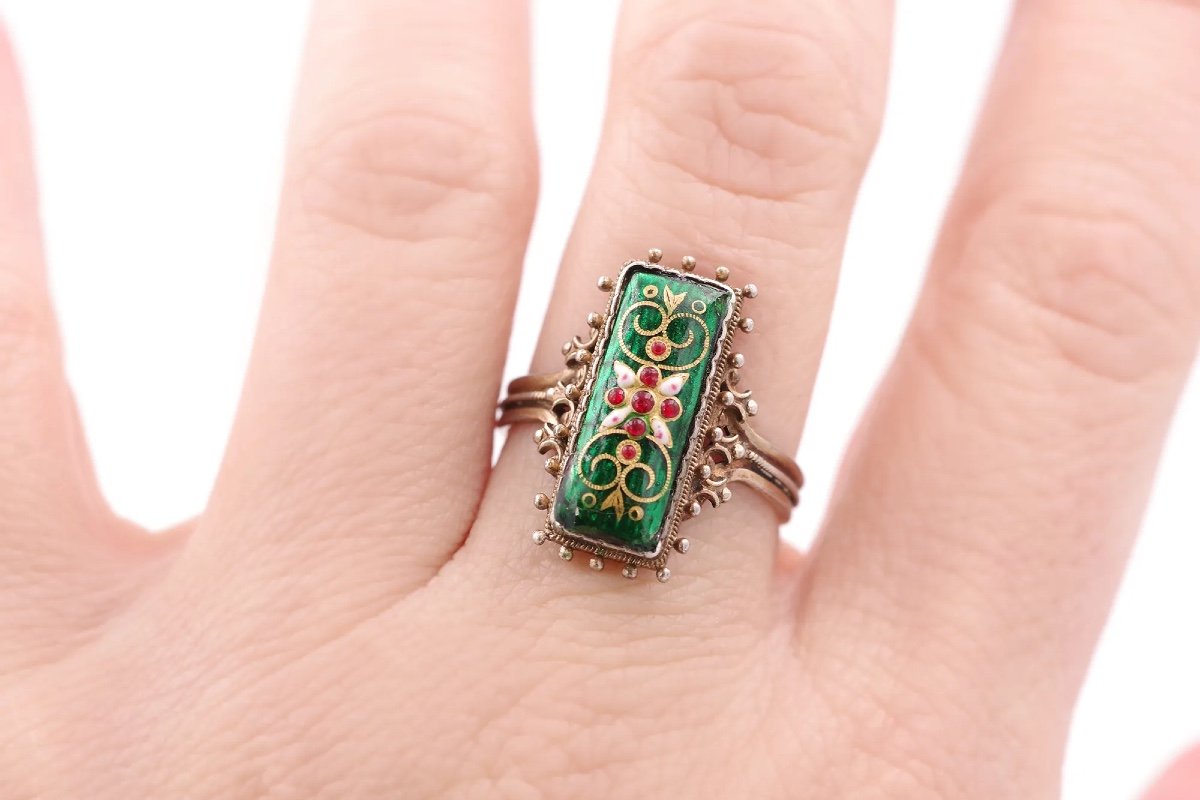 Victorian Bressan Enamel Ring In Gilded Silver, Rectangular Shape Ring, Green Enamel Ring-photo-4